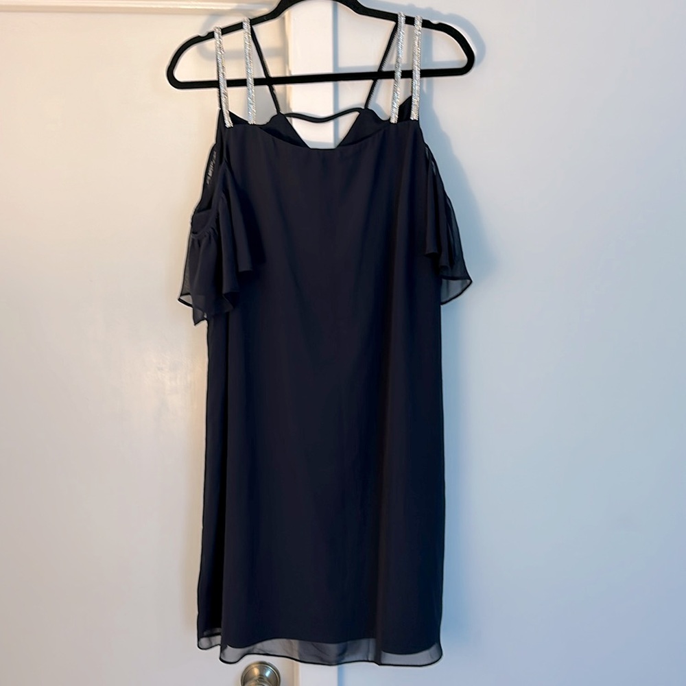 MSK Dress Size 14 Navy Blue Off the Shoulder Sheath‎ Sparkle Rhinestone Straps